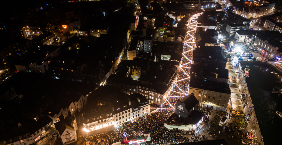 An aerial shot looking down on The Barbican Christmas Lights in Plymouth